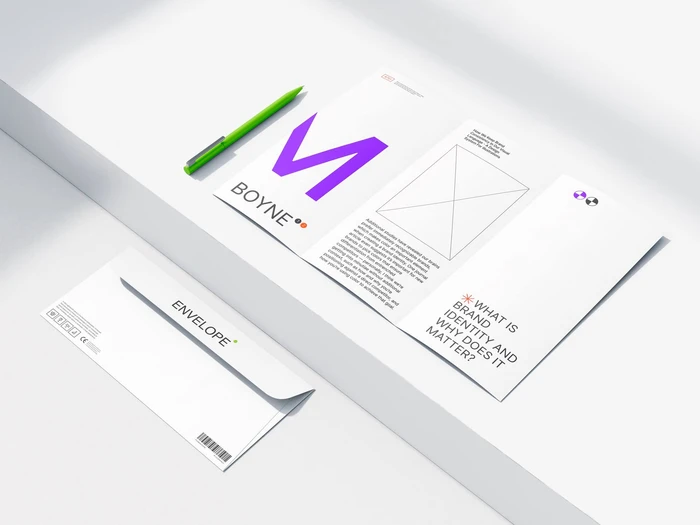 Boyne, Opened Brochure Mockup, Envelope Mockup and Pencil, EU, 15